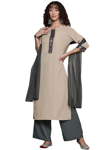 ZIYAA Women Women's Beige Crepe Kurta, Palazzo And Dupatta Set