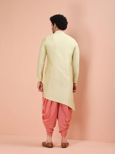 Kisah Men Peach-Coloured Solid Banarasi Straight Kurta Full Sleaves, Knee Length, Straight, Regular Fit, Mandarin Collar Ethnic