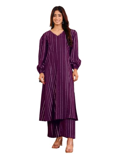 Varanga Women Purple Lurex A- Line Kurta With Trousers
