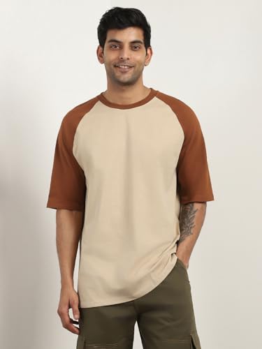 Nobero MenS Colorblock Oversized Fit T-Shirt (1M-Twts-R0103-Bl_Beige