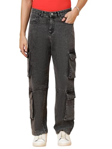 KOTTY Mens Solid Mid Rise Straight Fit Stylish Looking Cargo Jeans(Grey,32)