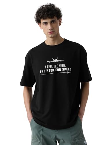 The Souled Store Top Gun: Need for Speed Men and Boys Short Sleeves Round Neck Black Graphic Printed Cotton Oversized T-Shirts