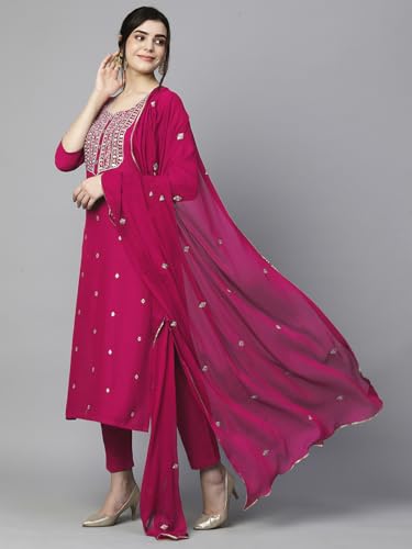 GoSriKi Ladies Cotton Blend Embroidered Straight Kurta with Trousers & Dupatta, Medium, Pink, Model Kasturi-NGT-GS
