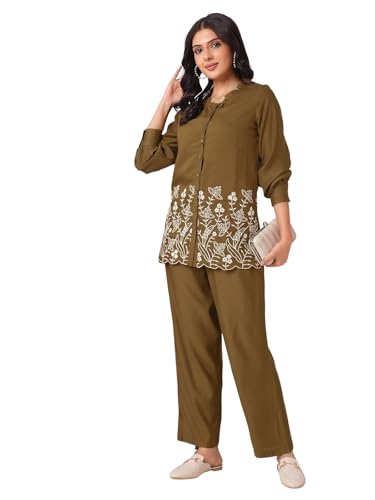 Selvia Co-ords Set for Women|Cotton Blend Shirt and Trouser Set|Casual Co-ords Set for Women|Embroidery Two Piece Co-ord Set(681