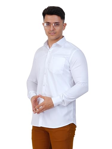 PRAKASAM COTTON Self Design Poly Cotton Moon Light White Half Sleeve Shirt for Men/Regular Fit Half Sleeve Shirt for Men