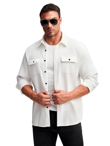 Shasmi MenS Stylish Ribbed Long Sleeve Button-Down Shirt, Breathable, Comfortable, And Versatile With Flap Pockets And Buttoned