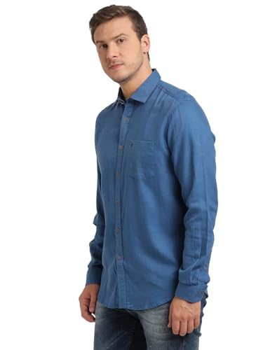 Turtle Men Cotton Lyocell Slim Fit Blue Solid Casual Shirt
