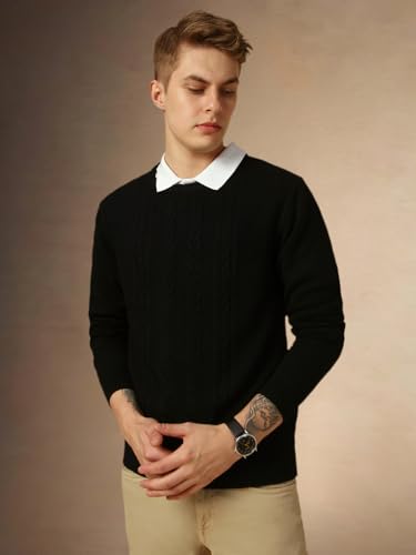 Dennis Lingo Men Black Solid Slim Fit Full Sleeve Crew Pullover Sweater