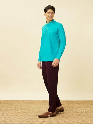 Manyavar Mens Blue Cotton Short Kurta
