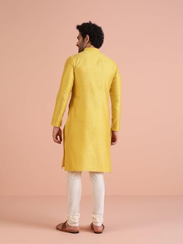 Kisah Men Yellow White Self Design Kurta With Churidar, Full Sleaves, Knee Length, Straight, Regular Fit, Mandarin Collar Ethnic