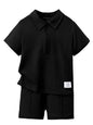AVANOVA Boys Black Polo Collar Short Sleeve T-Shirt & Shorts Set | Summer 2 Piece Outfit | Casual Sportswear for Kids | Solid Co