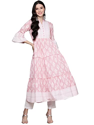 ishin Women's Pink Embelllished Anarkali Tiered Kurta
