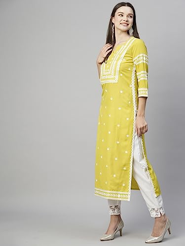 GoSriKi Womens Cotton Blend Chikankari Embroidered Straight Kurta (STHO-Yellow-GS_5XL_Yellow_XXXXX-Large)