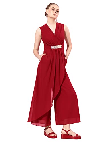Miss Chase WomenS V-Neck Sleeveless Embellished Wrap Jumpsuit (Mcss25D91-84-143-04, Maroon, M)