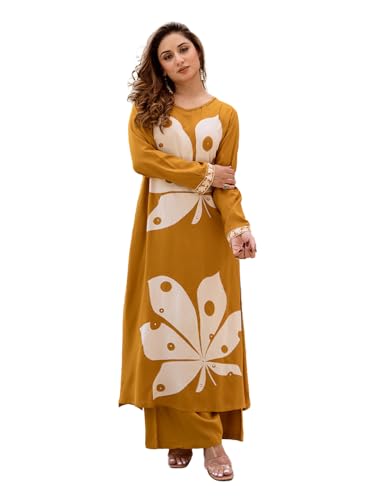 ishin Mustard placement printed kurta with solid palazzo