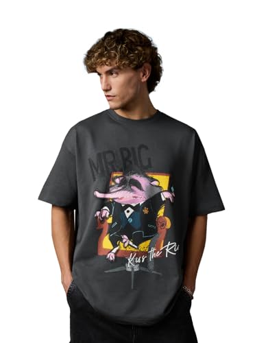 The Souled Store Disney: Mr.Big Men and Boys Short Sleeves Round Neck Grey Graphic Printed Cotton Oversized T-Shirts