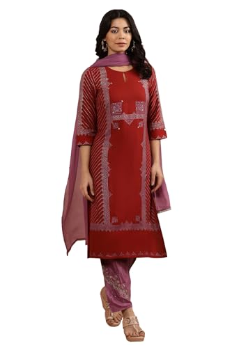 W Women Red Festive Geometric Print Viscose A-Line Kurta set with Salwar & Dupatta