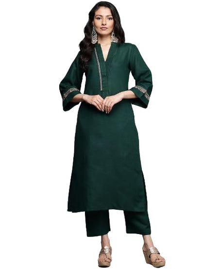 Varanga Women Green Mandarin Collar Thread Embroidered With Pleate Deatialing Kurta Paired With Bottom