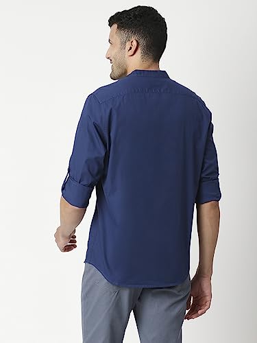 Thomas Scott Mens Solid Slim Fit 100% Cotton Casual Shirt with Mandarin Collar and Full Sleeve Dark Blue