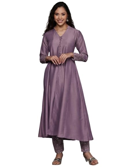 Varanga Women Mauve V Neck Mandarin Collar Kurta with Trouser - Stylish, Comfortable, and Perfect for Casual and Semi-Formal Occasions