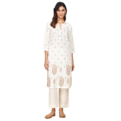 Fabindia WomenS Cotton Floral Regular Kurta Knee Length (1029115White_White