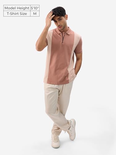 The Souled Store Cinnamon Men And Boys Short Sleeves Collared Neck Orange Color Blocked Cotton Blend Regular Fit Zipper Polos