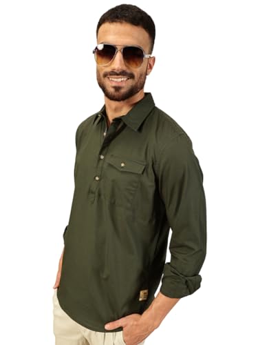 Thomas Scott Men Solid Cotton Linen Kurta Shirt (Ts1531_Dark Green, 2Xl)