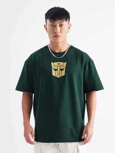The Souled Store Transformers: Bumblebee Mens & Boys Oversized Fit Graphic Printed Half Sleeve Cotton Green Oversized T-Shirts M