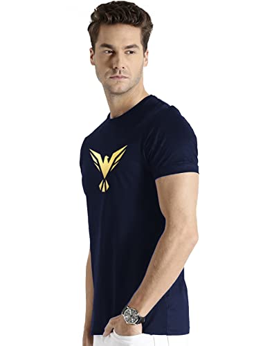 ADRO Men's Bird Gold Printed Cotton T-Shirt (RN23-GL-BIR-NB_Navy)