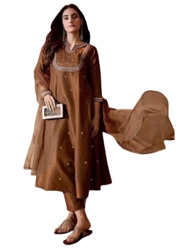 Anni Designer WomenS Rayon Viscose Embroidered Anarkali Kurta Pant With Dupatta (Dilkash Brown_Xxl_Brown_Xx-Large)