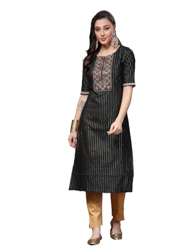 Stylum Women's Woven Design & Embroidered Lurex Cotton Straight Kurta (BLACKCHAO_Black)