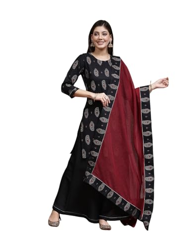 Sanisa Women's Rayon Blend Printed & Foil Work Straight Kurta with Pant and Gota Lace Work Dupatta