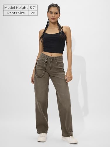 The Souled Store Solids: Faded Brown Straight Fit Wide Leg Cotton Blend Jeans for Women and Girls - Embrace Comfort and Style in