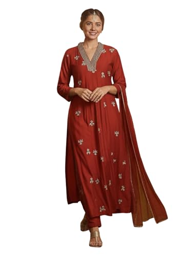 Anni Designer WomenS Viscose Silk Anarkali Embroidery Kurta With Pant & Dupatta (Nadan Rust-Vks02_Xxl_Rust_Xx-Large)