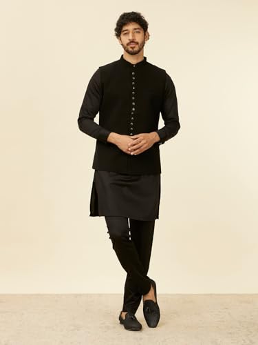 Manyavar Black Blended Rayon Solid Jackets For Men