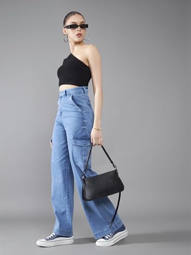 Dolce Crudo Womens Wide Leg High Rise Clean Look Regular Length Stretchable Flared Cargo Style Denim Jeans (DOAW23DEN12-79-158-