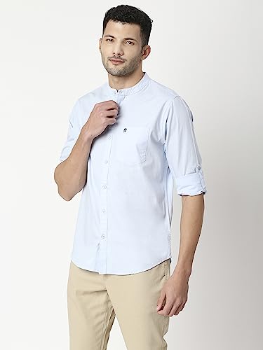 Thomas Scott Mens Solid Slim Fit 100% Cotton Casual Shirt with Mandarin Collar and Full Sleeve Light Blue