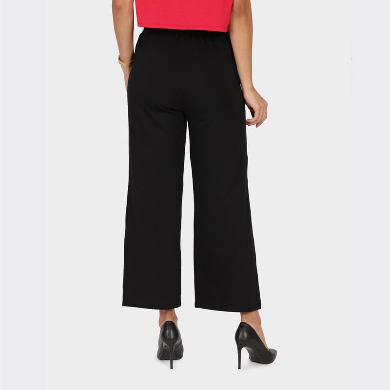 BlissClub Women Am Pm Cotton Wide Leg Pants|Wide Waistband|High Rise|Drawstring|2 Pockets, Black