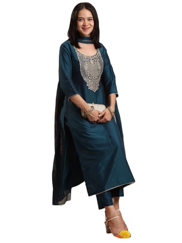 GoSriKi Womens Rayon Blend Straight Embroidered Kurta with Pant & Dupatta (SIKAND Cerosin-GS_XL_Dark Blue_X-Large)