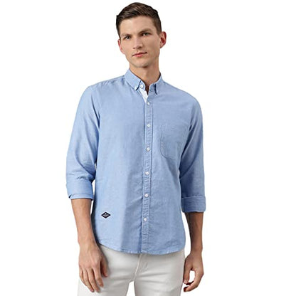 Thomas Scott MenS Solid Slim Fit 100% Cotton Casual Shirt With Button Down Collar And Full Sleeve Blue