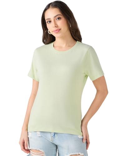 Bewakoof WomenS Solid Regular Fit Half Sleeve Round Neck Cotton T-Shirt_581052_Green_L