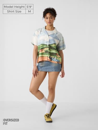 The Souled Store Peanuts: Snoopys Drive-in Women and Girls Short Sleeves Collared Neck Button Front Multicolour Printed Viscose