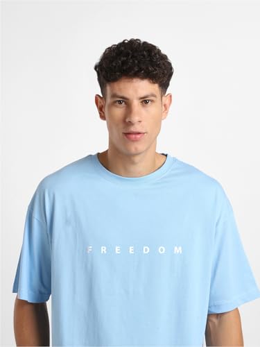 Nobero MenS Graphic Printed Oversized Fit T-Shirt (1M-Twrt-C0832-Mn_Powder Blue