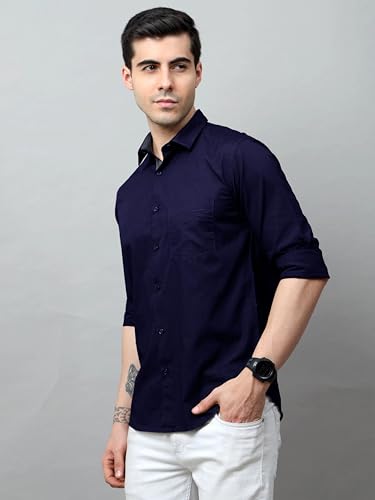 Pinkmint Cotton Soild Shirt for Men Long Sleev Spread Collar Pattern Formal Shirt, Casual Wear Dark Blue