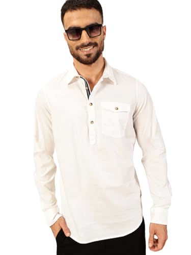 Thomas Scott Men Solid Cotton Linen Kurta Shirt (Ts1531_White, S)