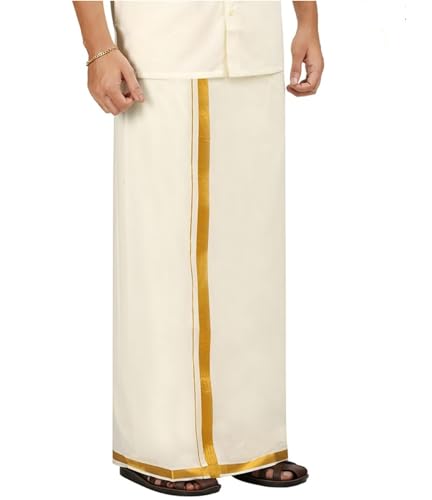 Prakasam Cotton MenS Fine Quality Welcro Pocket Jari Cotton Double Dhoti (34)