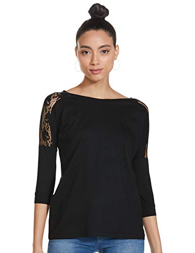 Miss Chase WomenS Black Round Neck 3/4 Sleeves Solid Lace Basic Top (Mcaw14Tp01-88-62-04-Black-M)