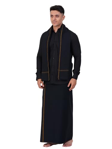 Prakasam Cotton Mens Small Border (Roja) Flexi Adjustable Readymade Pocket Black Dhoti + Readymade Full Sleeve Shirt + Black Sma