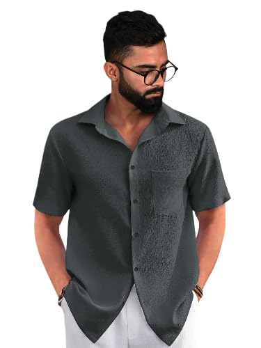 PinkMint Popcorn Shirt for Men ll Textured Shirts for Men ll Stylish Half Sleeve Shirt ll Goa Wear ll Regular Fit Shirt Grey