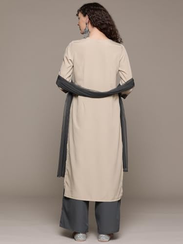 ZIYAA Women Women's Beige Crepe Kurta, Palazzo And Dupatta Set